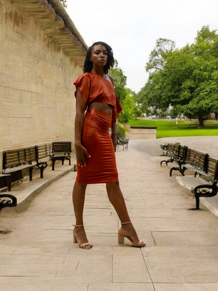 Copper Crop Top and Pencil Skirt.